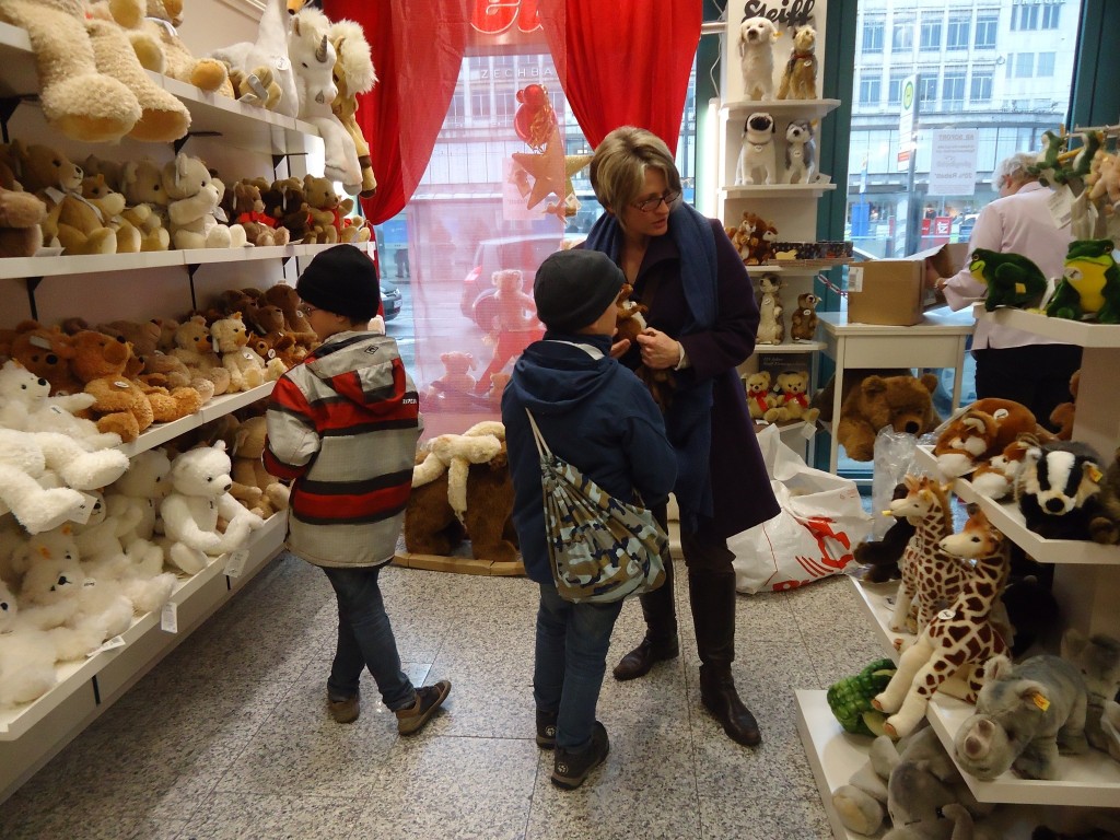 An enormous choice of soft toys and many of them German, like foxes, badgers, moles and squirrels.  The famous brand 'Steiff' costs Euro 80 per squirrel...not quite sure who would buy that...
