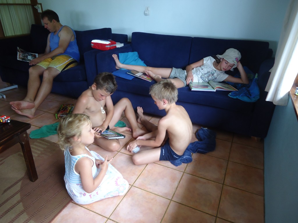 Everyone chilling...Dom and Nick are playing 'Uno'.