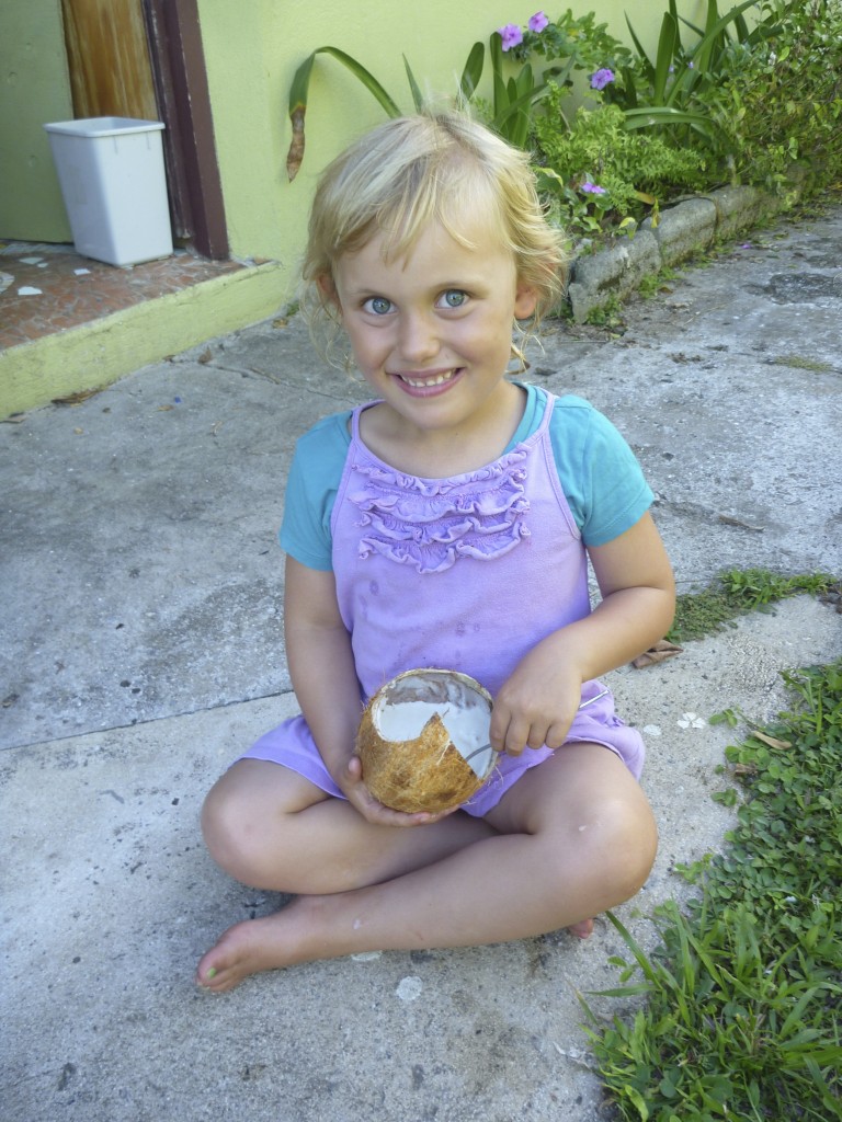 Amelia eating fresh coconut.